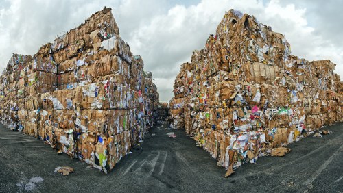 Two large, towering stacks of flattened cardboard and paper packaging materials, arranged in parallel on a gravel surface in an outdoor area. The cardboard boxes and paper documents display various colors and textures, with some edges curled or torn, and a few pieces of colorful printed material visible among the brown and beige tones. The stacks are tightly packed, creating a solid, rectangular appearance on each side, with a narrow pathway visible between them leading into the distance. The background features a cloudy sky, suggesting overcast weather, and the setting appears to be an industrial or commercial waste collection site. This scene illustrates the type of bulky waste that commercial waste removal services like those provided by Commercial Waste Enfield deal with, specifically focusing on cardboard and paper waste removal near Enfield. The image emphasizes the need for professional rubbish management to handle large-scale or bulky waste effectively.